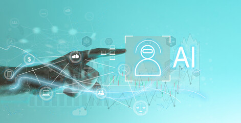Aufkleber - Man using tools AI. technology smart robot science and artificial intelligence technology, and innovation futuristic and global connection for providing access to information and data online network,