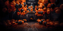 Salle Décorée Pour Halloween Avec Des Ballons Noirs Et Oranges