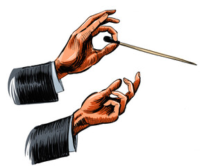 Music conductor's hands. Hand drawn ink on paper and hand colored on tablet