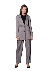 Wall Mural - Gray classic suit clothes for the street and office business style young woman . Transparent background, png.