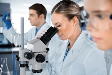 Wall Mural - professional scientist working in modern laboratory, looking in a microscope