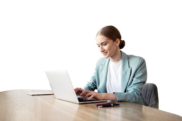A freelancer employee works remotely, uses a laptop woman workplace office. Transparent background, png.