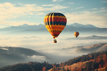 Hot Air Balloon Over The Mountains