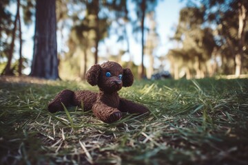 Canvas Print - cute brown teddy bear sitting in a lush green field under a blue sky