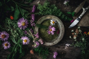 Canvas Print - vase filled with colorful flowers and a sharp knife next to it