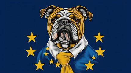 Wall Mural - Against a blue backdrop is an image of a dog wearing a tie and stars.