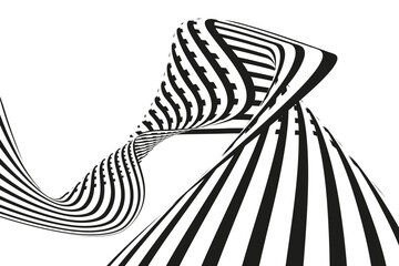 Wall Mural - Abstract Stripe Wave with Black and White Colors. Backdrop Geometric Bent Ribbon for for Poster, Header, Cover, Social Media, Fashion Ads. Pattern Creative 3d Op-Art for Dynamic Design. 