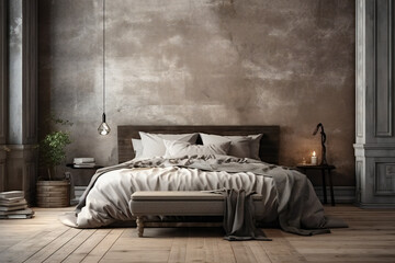 Wall Mural - Modern bedroom interior design and comfortable bed. Rustic style,ai generated