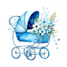 Victoria Baby Blue Carriage Pram Floral Clipart Isolated On A White Background 