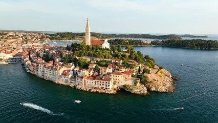 Wall Mural - rovinj, croatia. aerial view. old historic buildings in the bay. harbor with boats. beautiful romant