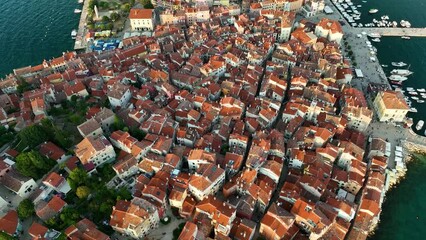 Wall Mural - rovinj, croatia. aerial view. old historic buildings in the bay. harbor with boats. beautiful romant