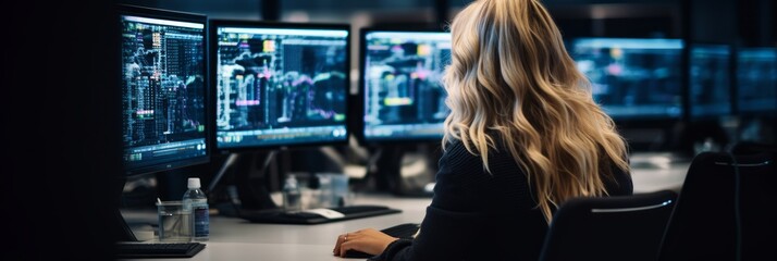 Poster - A woman works on several computer screens. Generative AI