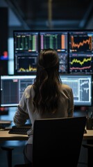 Poster - A woman works on several computer screens. Generative AI