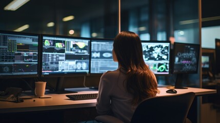 Poster - A woman works on several computer screens. Generative AI