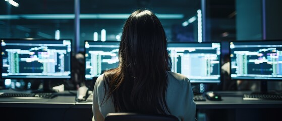 Poster - A woman works on several computer screens. Generative AI