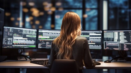 Poster - A woman works on several computer screens. Generative AI