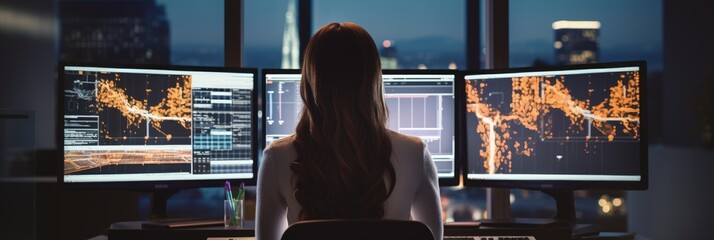 Poster - A woman works on several computer screens. Generative AI