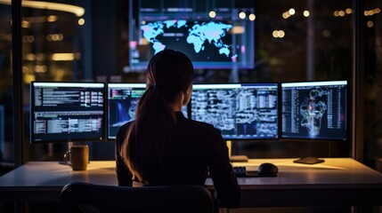Poster - A woman works on several computer screens. Generative AI