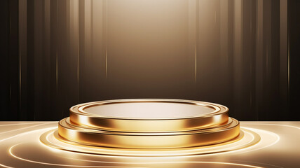 Gold podium stage 3d background of empty luxury show product display scene presentation template or golden pedestal elegant advertising showcase stand mockup and premium cosmetic beauty sale concept