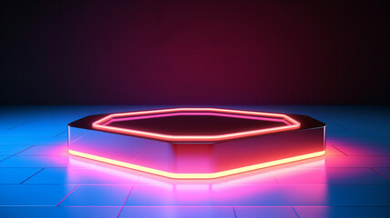 Wall Mural - Neon pink product stage background or podium pedestal with glowing light blank display platform. 3D rendering