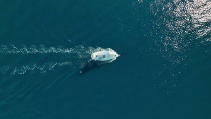 Wall Mural - An aerial view of the sail yacht on the blue sea. Transparent clear water in the sea. Summer vacations and travels on a sailing yacht. Summer relaxation.