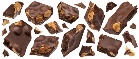 Wall Mural - dark chocolate chunks with almond isolated on white background