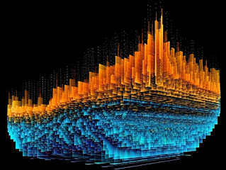 Pointillism orange and blue LED glitch matrix isolated on a black background.