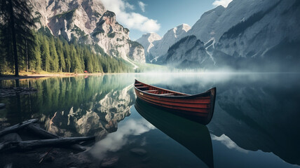 Lake lago di braies in Dolomites, Italy, mountain reflections and boat