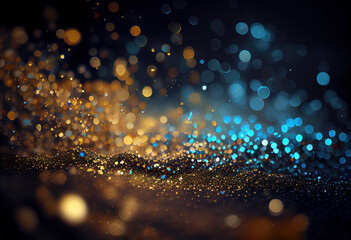 Radiant golden bokeh lights on black grunge background. Glamorous abstract for luxury or celebration themes. AI Generative.