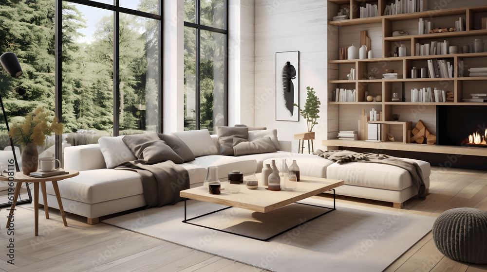 Scandinavian interior design of modern spacious living room Stock Photo ...
