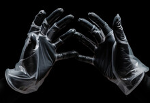 Two Hands In Sterile Double Gloves. Hands In Black Nitrile And Plastic Gloves.double Protection. Skin Protection During Epidemics And Quarantine. Protective Overalls. Generative AI