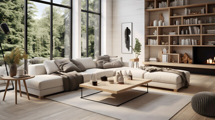 scandinavian interior design of modern spacious living room