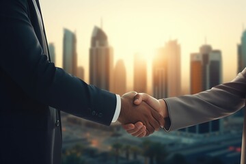Arab Business handshake and business people on city background, Generative ai
