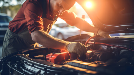 technician hands of car mechanic working repair in auto repair service electric battery and maintena