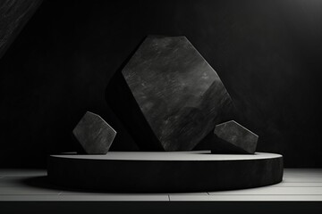 Black geometric Stone and Rock shape background, minimalist mockup for podium display or showcase, Generative ai