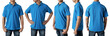 © airdone - Blank collared shirt mock up template, front side and back view, Asian teenage male model wearing plain blue t-shirt isolated on white. Polo tee design mockup presentation for print