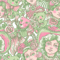  Vintage green and pink doll seamless pattern, vector flowers, needlework cartoon texture
