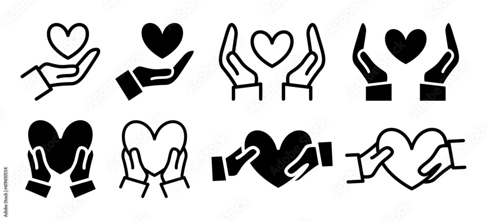 Heart in hand icons collection set. Hands holding heart icon. Love icon ...