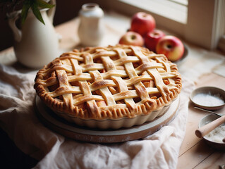 Homemade apple pie on table