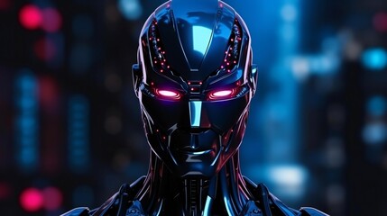 Fototapete - A close-up of a futuristic robot with glowing red eyes