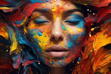 Wall Mural - woman in colorful mask, eyes closed and peaceful