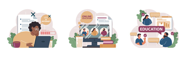 Poster - online education set. character study remotely using internet, online