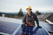 © OpticalDesign - African american woman technician installing solar panels on a roof, setting up photovoltaic solar panel system, sustainable energy home concept, maintenance, female, black woman