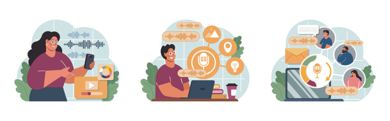 Poster - voice search set. artificial intelligence virtual assistant. character