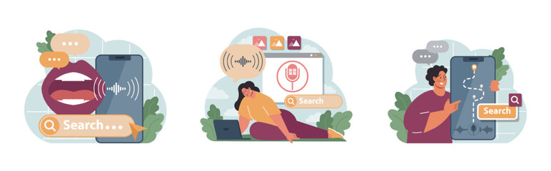 Poster - voice search set. artificial intelligence virtual assistant. character
