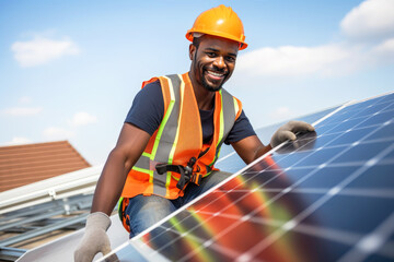 African american technician installing solar panels on a roof, setting up photovoltaic solar panel system, sustainable energy home concept, maintenance, black man