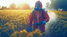 A Worker Or Farmer In A Protective Suit And Spray Mask Processes Rows Of Plants In A Field Or Garden. Insecticide And Chemistry On A Huge Vegetable Farm. Generative AI 