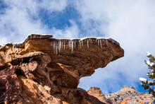 USA, Utah, Springdale, Zion National Park, Icicles Hanging From Rock In Mountains