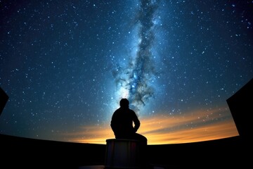 Wall Mural - An astrophysicist gazes through a large telescope under the clear night sky. Generative AI