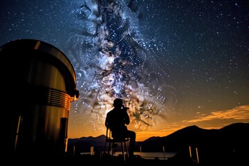 Wall Mural - An astrophysicist gazes through a large telescope under the clear night sky. Generative AI